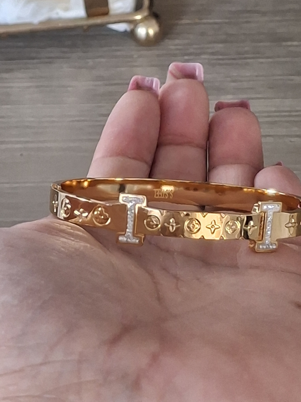 Gold-Tone Women's Hinge Bracelet with Pavé 'I' Accents - Picture 5 of 5
